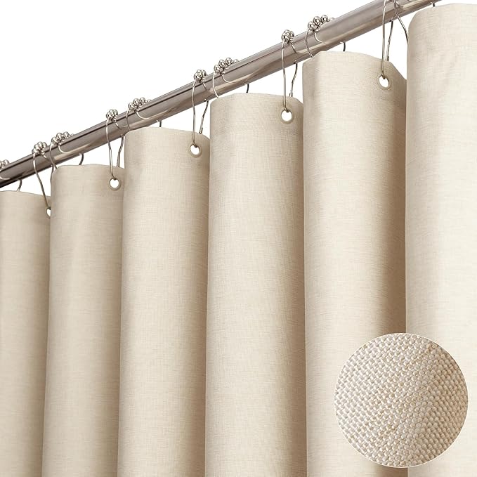 BTTN Extra Long Fabric Shower Curtain - 72 x 90 Inch Linen Textured Heavy Duty Cloth Shower Curtain Set with 12 Plastic Hooks, Large Hotel Luxury Polyester Shower Curtains for Bathroom, Beige/Cream