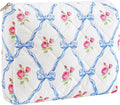 Gleyemor Quilted Makeup Bag for Women, Cute Floral Bow Cosmetic Bag, Emergency Bag Travel Toiletry Cotton Pouch Gifts for Girls Her Mom Friend Sister Bridesmaid (Blue Bowknot&Rose)