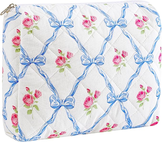 Gleyemor Quilted Makeup Bag for Women, Cute Floral Bow Cosmetic Bag, Emergency Bag Travel Toiletry Cotton Pouch Gifts for Girls Her Mom Friend Sister Bridesmaid (Blue Bowknot&Rose)