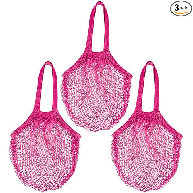 Zyzhogar 3 Pack Cotton Mesh Grocery Bags,Reusable Grocery Net Bags Washable Fruit and Vegetable Storage Bag Long Handle Net Tote Shopping Bags for Farmers Market, Grocery,Shoping or Trip,Hot Pink