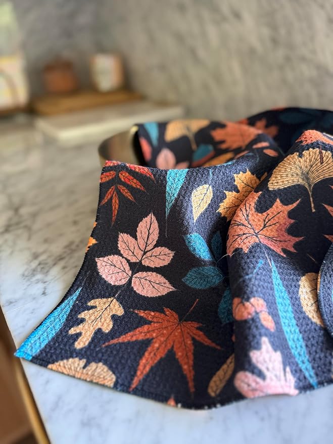 Desert Aqua 2 Pack || Double Sided|| Not Your Ordinary Kitchen Towels || Dish Towels || Quick Dry || Waffle Weave Microfiber || Designer Prints || Highly Absorbent || Hanging Hook (Fall Leaves Black)