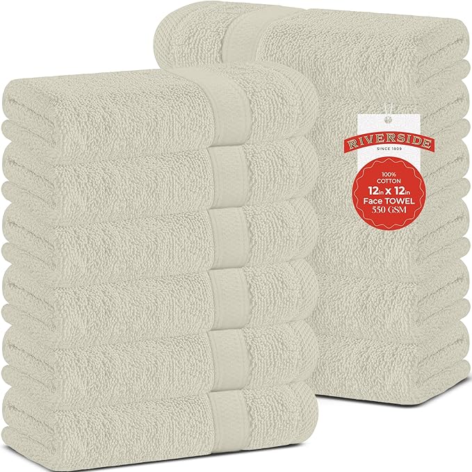 RIVERSIDE 12 Pack Premium 100% Cotton Face Wash Cloths, 12 x 12 Inches, Soft & Absorbent Face Towels for Bathroom Wash Clothes, 550 GSM, Luxury WashCloths for Showering, Body, Spa & Gym, Cannoli Cream