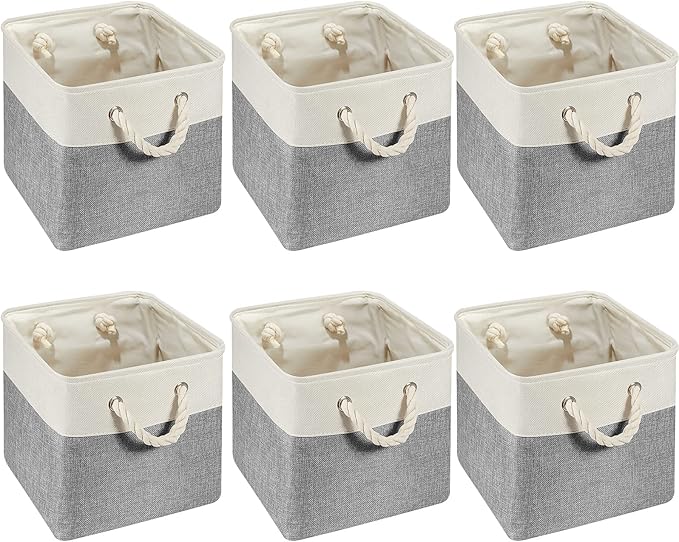 Geiserailie 6 Pcs 11 x 11 Inch Cube Storage Bins Fabric Storage Organizer Bins Foldable Cube Baskets with Sturdy Carry Handles Wicker Baskets for Home (Gray and White)