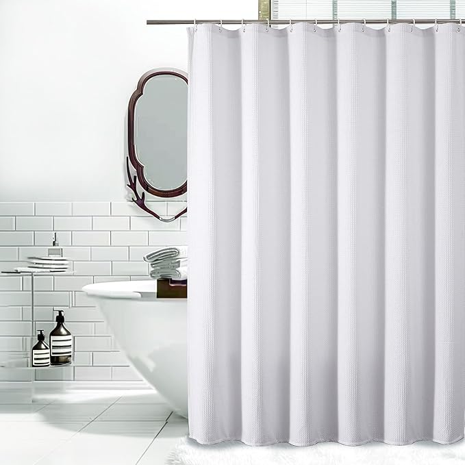 OVZME White Shower Curtain Set, Waffle Textured Heavy Duty Fabric Thick Shower Curtain for Bathroom, 230GSM Luxury Weighted Bath Curtain with 12 Plastic Hooks, 72x72, White