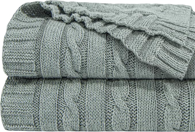 NTBAY 100% Pure Cotton Cable Knit Throw Blanket, Super Soft Warm 51x67 Knitted Throw Blanket for Couch, Sofa, Chair, Bed - Extra Cozy, Machine Washable, Comfortable Home Decor, Light Grey