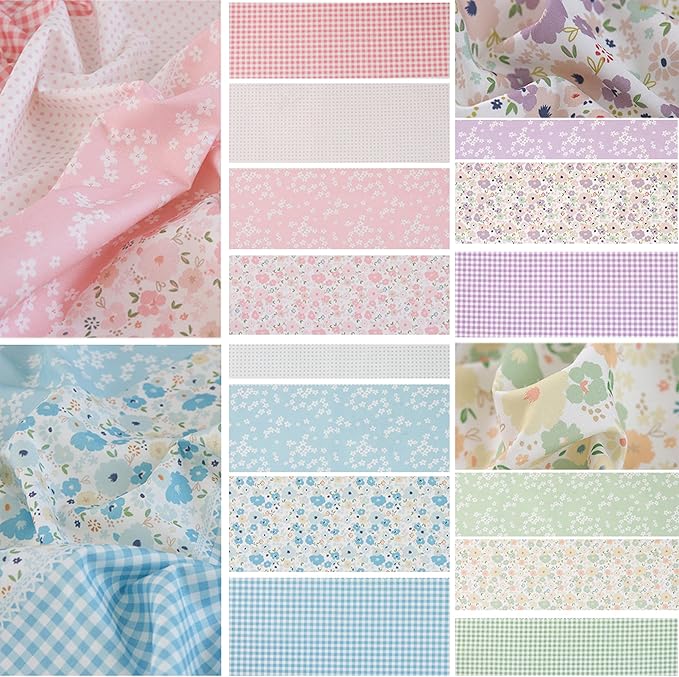 Hanjunzhao 14 Pcs Pink Green Blue Purple Floral Dots Plaid Print Cotton Fabric Fat Quarters Bundles 18 x 22 Inch Sewing Fabrics for Quilting Chrismas Holiday Party Decor DIY Crafts, Sweet Garden