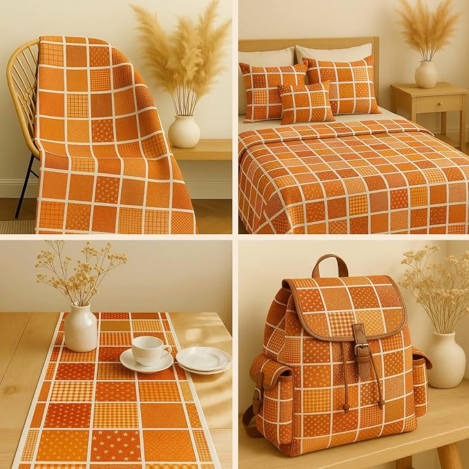 Cotton Satin Patchwork Fabric Panel – 35 Designs, 20×20 cm Squares, Single Piece 150×110 cm, Terracotta Orange Quilt Fabric(Sunset Orange Floral Patchwork Set, 35pcs 8x8 inch)