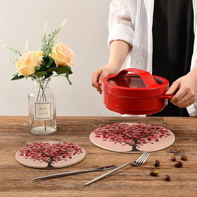 Valentine Tree Hearts Trivet Mat 2PCS Love Leaf Round Woven Potholders Kitchen Table Countertop Protector Hot Pads Farmho