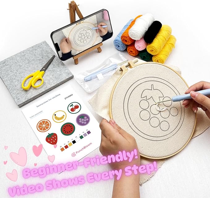 Punch Needle Coaster Kit for Adults Beginners, Easy Punch Embroidery Starter Set with Instructions – Fun Mug Rug Making Kit for Table Decor & Festival DIY Gifts (6pcs Cute Fruits)