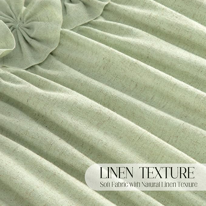 XOGUIBO Ruffle Shower Curtain with Handmade Bow Tie, Green Linen Vintage Farmhouse Shower Curtain for Bathroom, 72" W x 72" H