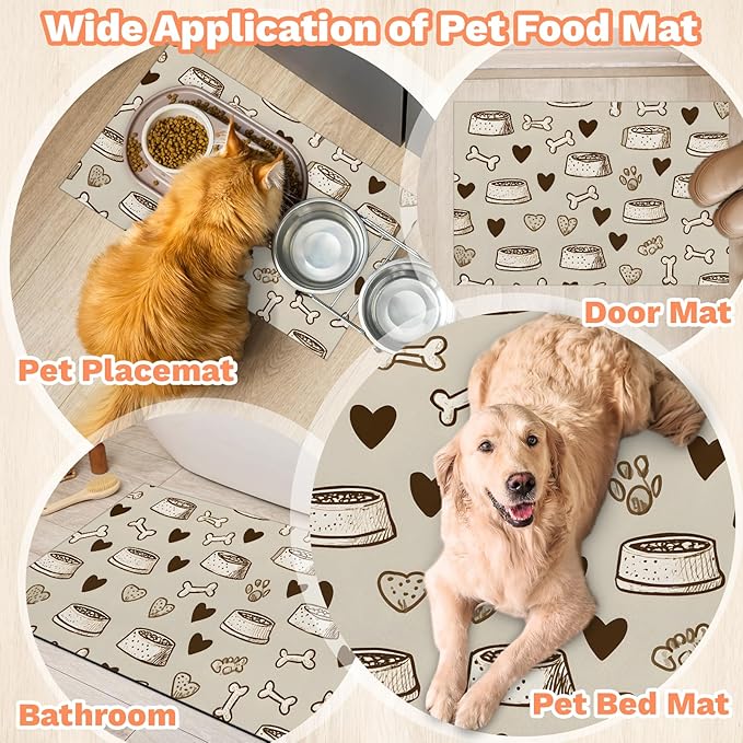 Eizlang Dog Cat Food Mat,12"x20" Inches Rapid Absorbent Pet Feeding Mat,Pets Placemat Water Bowl Mats with Rubber Backing,No Stains Cat Dog Feeding Mats Indoor,Pet Accessories Supplies,Brown Dogs Paw