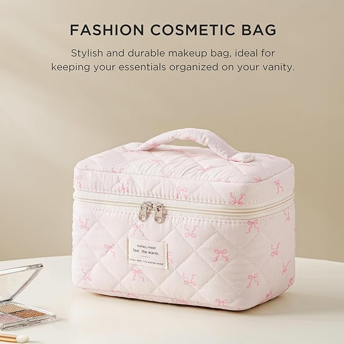 HBselect Christmas Gifts Large Quilted Makeup Bag, Cute Cotton Travel Makeup Bag with Handle, Portable Coquette Floral Make up Bags, Toiletry Organizer Make up Bags for Women Teen Girls Mom