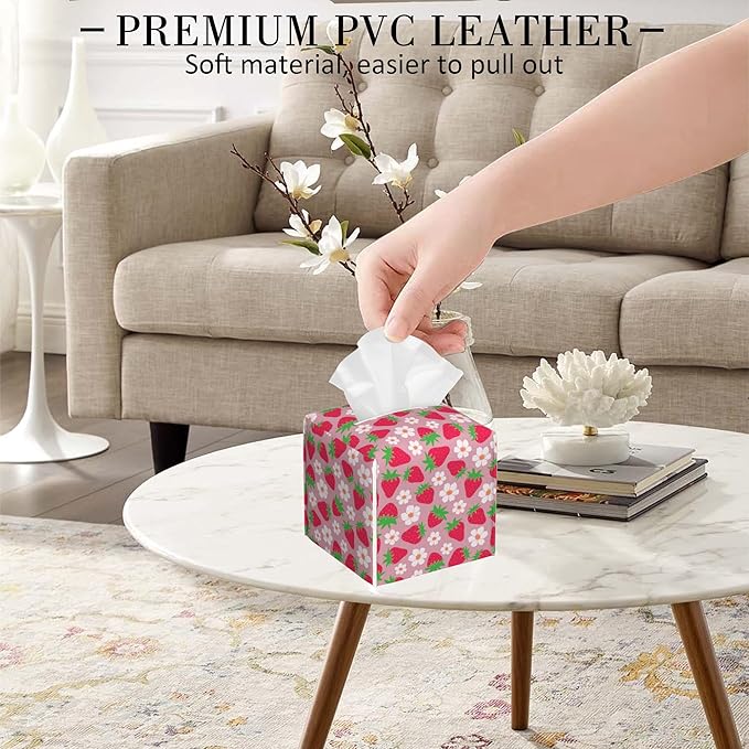 POIUBLE Strawberry and Flower Tissue Box Cover Leather Tissue Box Holder Square Facial Paper Organizer Dispenser for Bathroom Kitchen Bedroom Vanity Countertop Night Stands