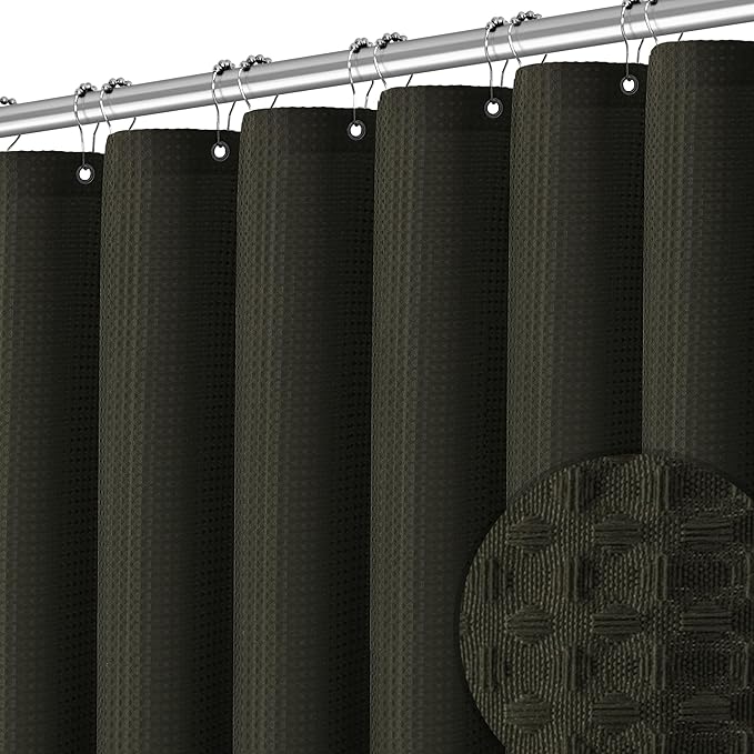 PANGSINNE Brown Shower Curtain Waffle Weave Textured Fabric Heavy Duty Shower Curtain Set for Bathroom, Waterproof 256GSM Weighted Hotel Quality Luxury Bath Curtain Set with 12 Hooks, 72Wx72H