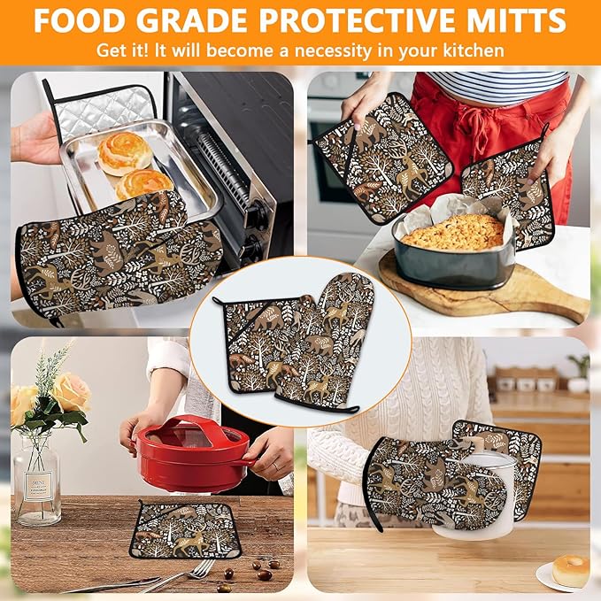 Bear Deer Oven Mitts and Pot Holders Sets 4Pcs,Extra Long Oven Gloves Potholder for Kitchen Cooking Baking BBQ 100% Cotton Heat Resistant