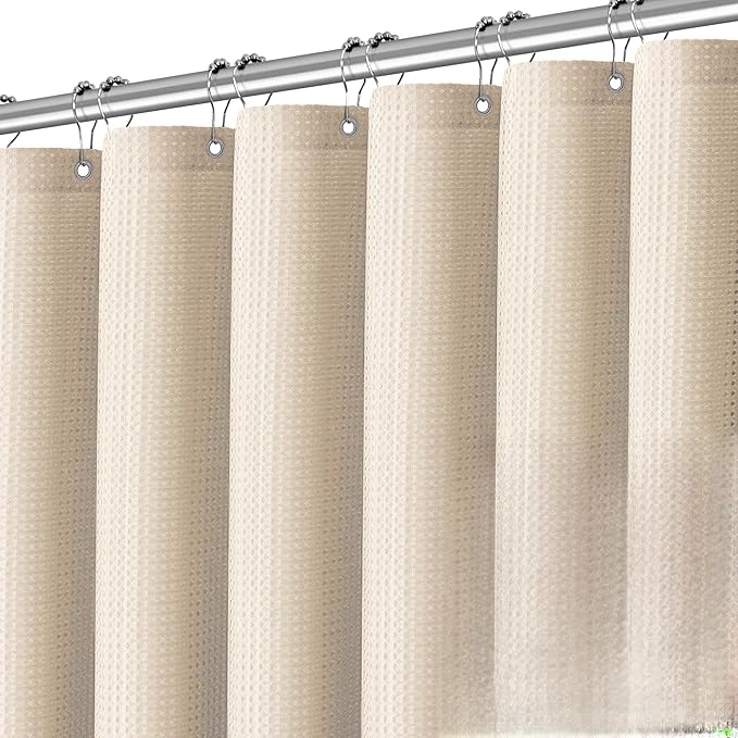 PANGSINNE Beige Fabric Shower Curtain - Waffle Textured Heavy Duty Shower Curtains for Bathroom, 256GSM Hotel Spa Luxury Weighted Bath Curtain with 12 Hooks, 72x80, Beige
