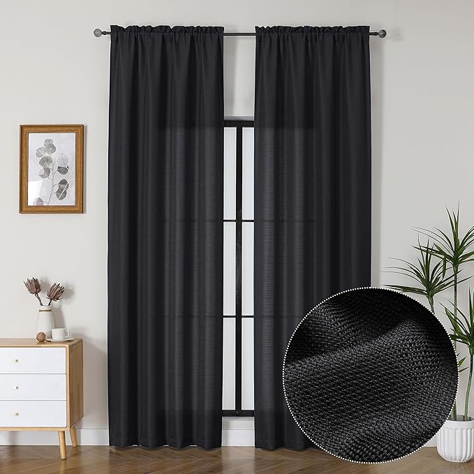 Lecloud Bessie Black Curtains 96 Inches Long 2 Panels Set, Light Filtering & Privacy Faux Linen Curtain Drapes, Rod Pocket Window Treatments for Living Room Bedroom, Each 40 W x 96 L