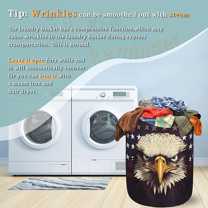American Flag Eagle Laundry Basket Foldable With Handles Patriotic Tote Bag Oxford Cloth Funny Laundry Hamper Clothes Storage Bucket Toy Organizer For Bathroom/Laundry/Bedroom 18.9"x16.5 "
