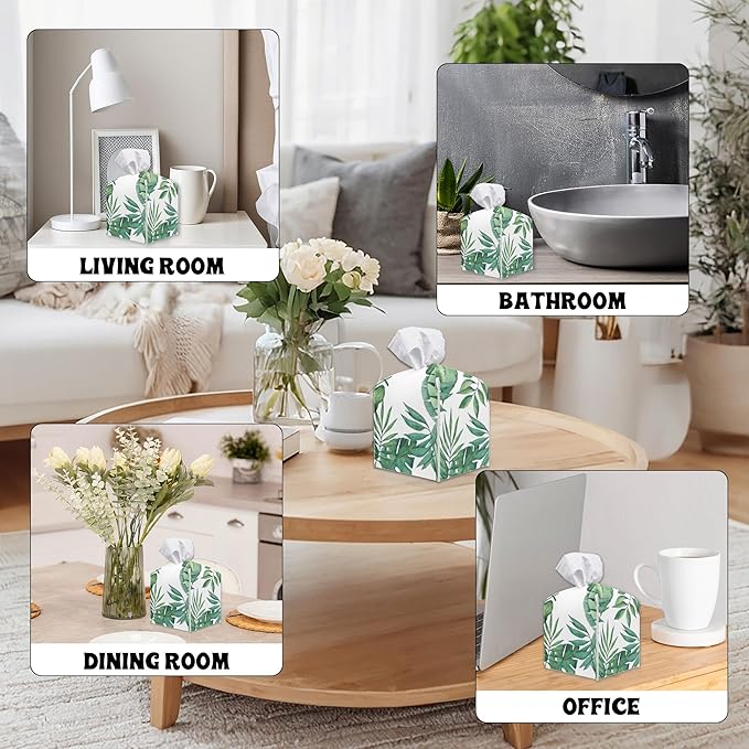 Greenery Square Tissue Box Holder Cover, Tissue Cube Box Organizer for Bathroom, Living Room, Office, Countertop, Car, Night Stands, Modern Home Desk Tabletop Decor - A01