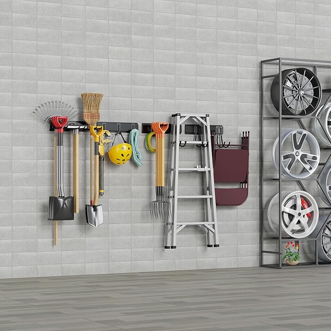 Gatsowm Tool Storage Rack Wall Mount, 64 Inch Adjustable Garden Tool Organizer, Heavy Duty Garage Wall Organizer Rack, Yard Tool Organizer System for Rake Shovel Broom Mop Wall Holder