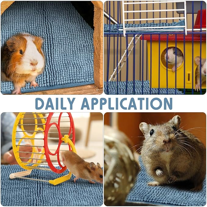 Amylove 4 Pcs Guinea Pig Cage Liner Guinea Pig Bedding Dog Door Mat for Muddy Pet Paws Washable Chenille Pee Pads Small Animal Sleeping Bed for Bunny Hamster(16 x 24 Inch,Rectangular,Blue)