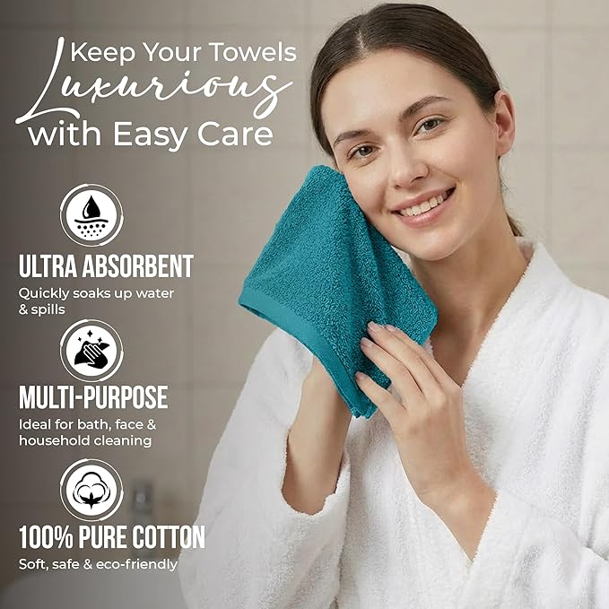 RIVERSIDE 24 Pack Washcloths Set - 100% Cotton [12x12 Inches] - 500 GSM, Soft, Quick-Dry & Highly Absorbent Face Towels - Perfect for Bathroom, Gym, Hotel, Spa & Travel - Teal