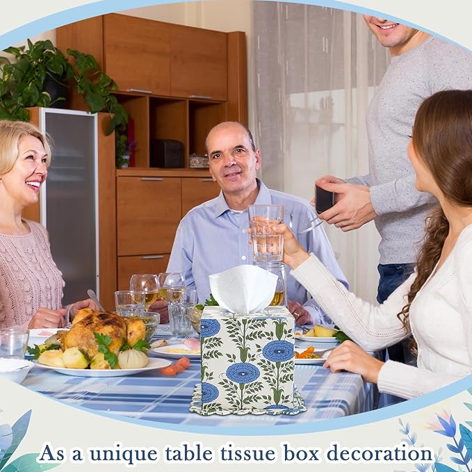 Ferrochef Blue Paper Mache Tissue Box Cover Floral Print Tissue Box Decorative Square Napkin Holder for Grand Millennial Home Bedroom Countertop Night Stands Office Country Decor