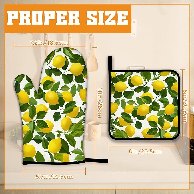 Lemon Oven Mitts and Pot Holders Set,Kitchen Decor Heat Resistant Non Slip Hot Pads and Oven Mitt for Chef Cooking Baking BBQ Mom Girl Gifts(4 Piece Set)