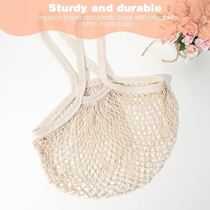 2 Pack Reusable Cotton Mesh Farmers Market Bag, Grocery Tote Net Shopping Bag, Washable Durable Portable Net String Produce Shopping Bags with Long Handle for Fruits, Vegetables, Shoppings (Beige)