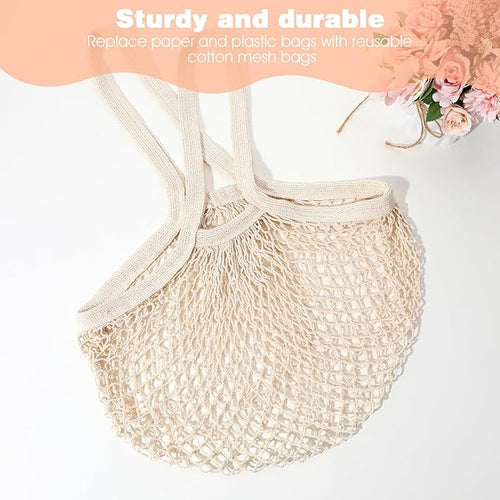 2 Pack Reusable Cotton Mesh Farmers Market Bag, Grocery Tote Net Shopping Bag, Washable Durable Portable Net String Produce Shopping Bags with Long Handle for Fruits, Vegetables, Shoppings (Beige)