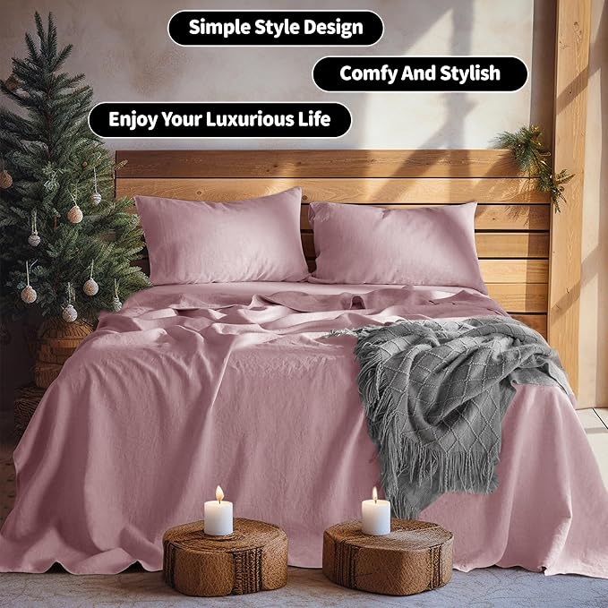 LBRO2M 100% Linen Sheet Set Twin XL Size,Bed Sheets 3 Piece Sets,Solid Color Natural Flax Bed Sheets Soft Breathable Bedding,16" Deep Pocket,All Season (Twin XL, Embroidery Purple)