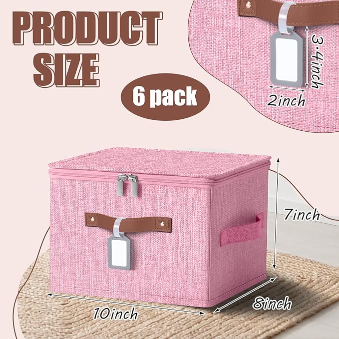 Fiwochic 6 Pack Fabric Storage Bins with Lids and Label, 10×8×7Inch Foldable Cotton Linen Cute Storage Boxes with PU Leather Handles for Closet, Bedroom, Shelf, Nursery, Pink