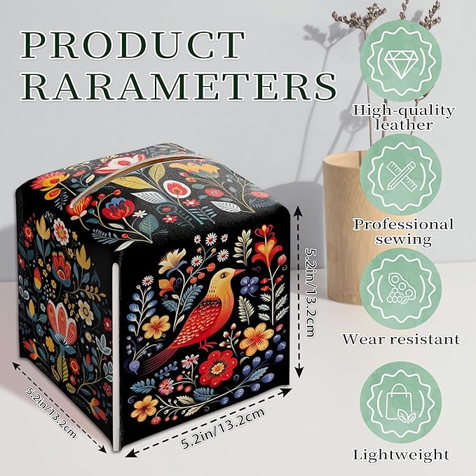 Black Tissue Box Holder, Floral Bird Leather Tissue Box Cover Square with Bottom Belt, Paper Napkins Everyday Dispenser for Bathroom Night Stands Kitchen Office Car Home Decor