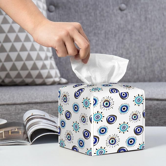 POIUBLE Evil Eye Tissue Box Cover Leather Tissue Box Holder Square Facial Paper Organizer Dispenser for Bathroom Kitchen Bedroom Vanity Countertop Night Stands