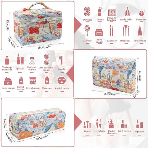3pc Makeup Bag Set, Quilted Makeup Bag Set, Large Floral Cosmetic Bag for Women, Cute Cotton Makeup Bags, Flower Travel Toiletry Organizer Bag (Rabbit Print)
