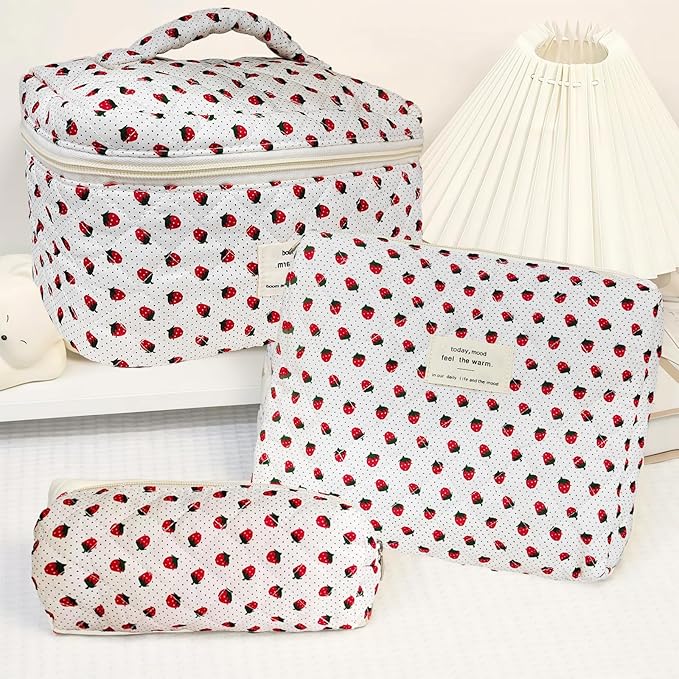 Cozomga Quilted Makeup Bag, Large Capacity Travel Cosmetic Bag for Women and Girls, Aesthetic Storage for Daily and Travel Use (3pcs-Wildstrawberry)