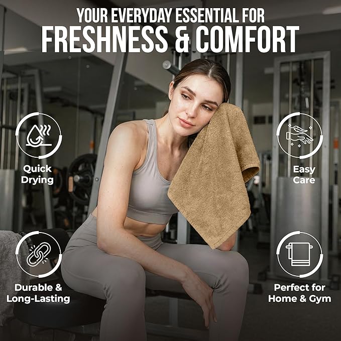 RIVERSIDE 24 Pack Washcloths Set - 100% Cotton [12x12 Inches] - 500 GSM, Soft, Quick-Dry & Highly Absorbent Face Towels - Perfect for Bathroom, Gym, Hotel, Spa & Travel - Tan