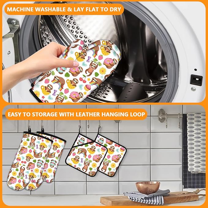 Cute Sloth Oven Mitts and Pot Holders Sets 4Pcs,Extra Long Oven Gloves Potholder for Kitchen Cooking Baking BBQ 100% Cotton Heat Resistant