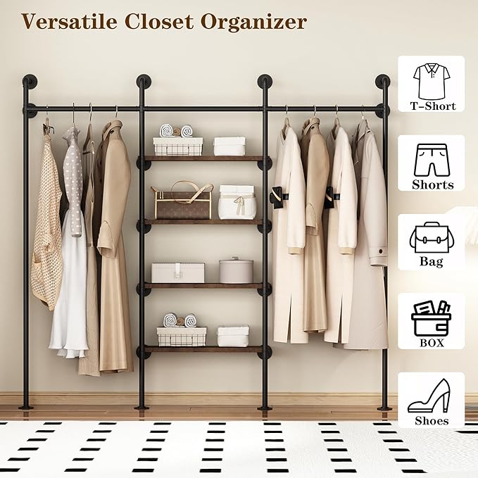 KAILNKISS Industrial Pipe Clothes Rack,Wall Mounted Clothing Rack Wardrobe Multi-Purpose Storage Clothes Hanging Shelf-94.5''L Black