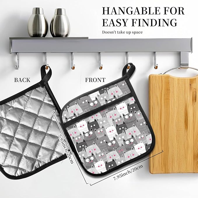 2 Pack Pot Holders for Kitchen Clearance, Cute Hot Pads, Funny Oven Pot Holders, Potholders Sets for Kitchen Heat Resistant Grey Cute Cats