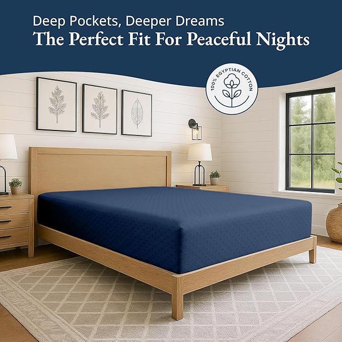 Lane Linen 100% Egyptian Cotton King Size Fitted Sheet Only (79"x81" + 16") - Elegant Sateen Weave, Ultra Soft, Breathable, Highly Durable, Deep Pockets Upto 17" - Swiss Dot Estate Blue