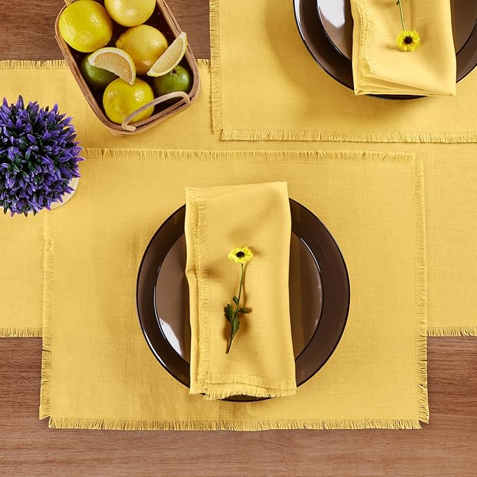 Solino Home Fringe Linen Cloth Napkins Set of 4-100% Pure Linen Marigold Yellow Dinner Napkins 20 x 20 Inch for Spring, Easter - Handcrafted and Machine Washable