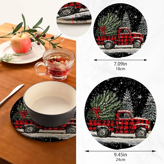 Christmas Tree Truck Trivets for Hot Dishes Pots and Pans Potholders Woven Trivet Cotton Round Large Pot Holder Decor Heat Resistant Hot Pads Mat for Table Counter Cooking Potholder Set of 2