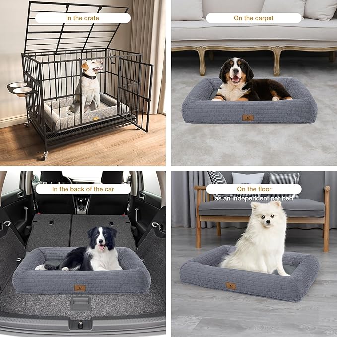 Plush Orthopedic Dog Bed for Medium Large Dogs, Memory Foam Bolster Sofa Bed with Removable Washable Cover, Waterproof Lining & Non-Slip Bottom (Grey-M)