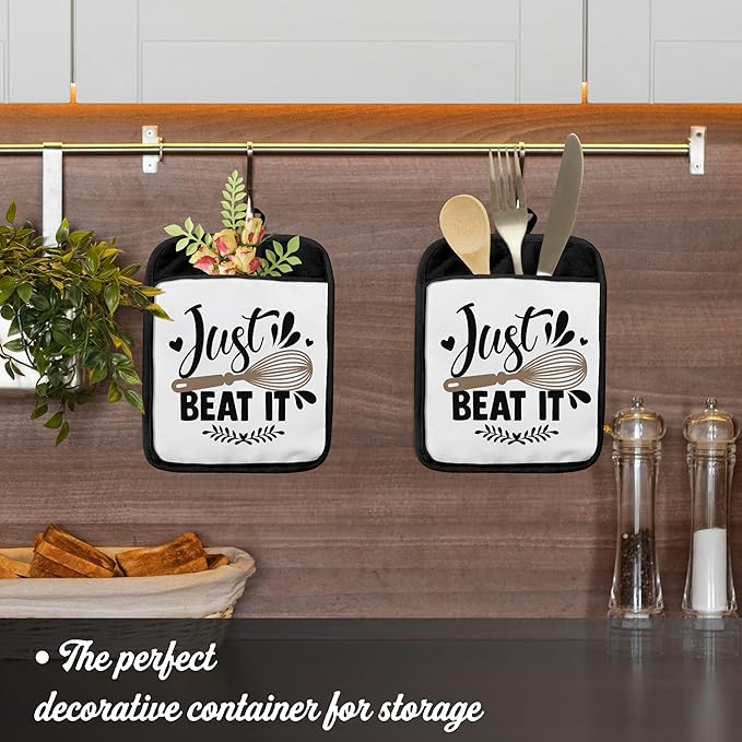 Funny Pot Holders with Pockets, Just Beat It Funny Baking Gifts Pot Holders Heat Resistant Oven Mitts Hot Pads for Kitchen Baking Cooking, Gifts for Baker,Potholders for Kitchens