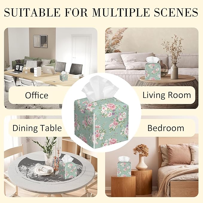 POIUBLE Vintage Floral Tissue Box Cover Pink Rose Leather Tissue Box Holder Square Facial Paper Organizer Dispenser for Bathroom Kitchen Bedroom Vanity Countertop Night Stands