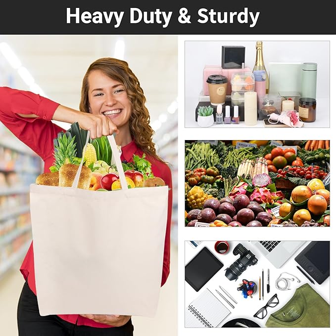 Segarty Canvas Tote Bag for Women, 12 Pack 20x15.7 Reusable Blank Shopping Bag, Natural Cotton Shoulder Bags Aesthetic, Canvas Tote Bulk for DIY, Gift, Beach, Travel, Grocery`