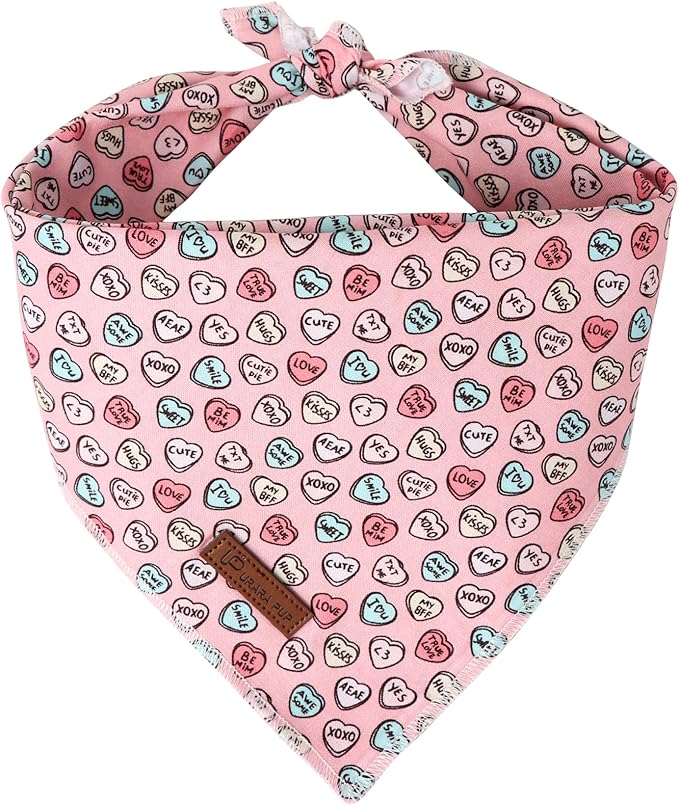 UP URARA PUP Valentine Dog Bandana - Pink Heart Triangle Bid Scarf for Small & Medium Dogs, Cotton Kerchief for Girls & Boys, Red & Adorable Puppy Bandana
