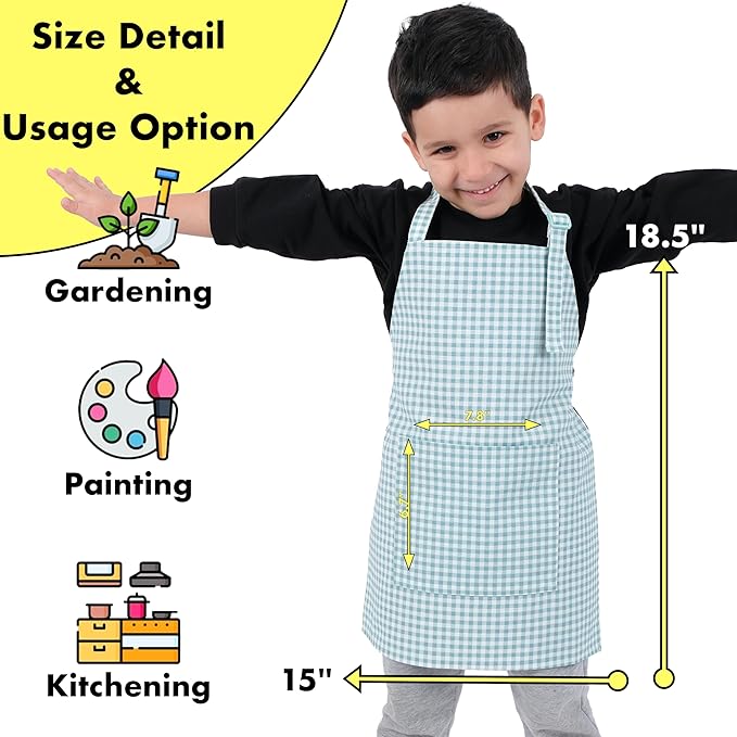 Kids Aprons for Cooking Waterdrop Resistant Aprons for Girl & Boy Toddler Apron for Painting, Gardening, Baking, Smock (Plaid Water Green, Small (3-5 years))