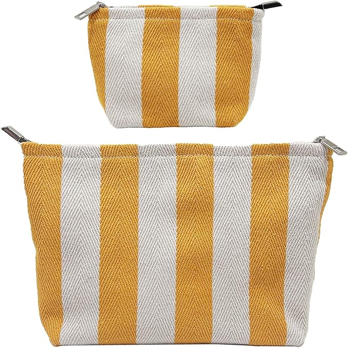 2 Pcs Makeup Bag Set, Women Gifts, Travel Cosmetic Bags, Canvas Make up Bag for Purse, Yellow Striped Makeup Pouch with Zipper Lining, Cosmetic Storage Car Organizer, Portable Large & Small Toiletry